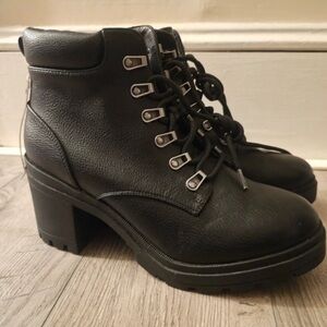 No Boundaries Black Combat Heeled Boots with Silver Hardware